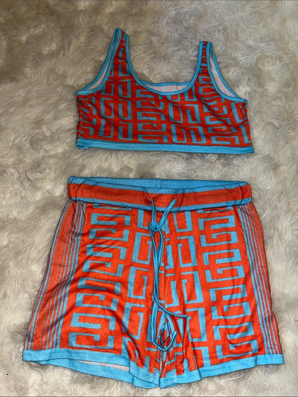 Blue & Orange Geometric Knit Crop Tank and Shorts Set